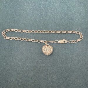 Vintage Sterling Silver CZ Pave Heart Charm Rolo Link Bracelet